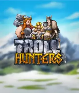 Изображение слота "Troll Hunters" от Play'N Go, где изображены три викинга: две женщины и один мужчина, облаченные в традиционные викингские доспехи. На фоне виднеются горные вершины, что создаёт атмосферу северных легенд. Этот слот идеален для любителей скандинавской культуры и эпических приключений.